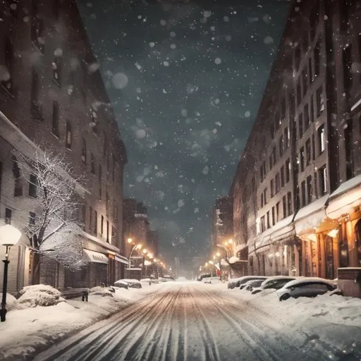 Prompt: Brooklyn streets in snow, urban winter scene, snow-covered buildings, vintage streetlights, cozy atmosphere, high quality, realistic painting, cool tones, soft lighting, snowy Brooklyn, vintage charm, detailed snowflakes, nostalgic, atmospheric lighting, winter wonderland, snowy urban landscape, professional, realistic art