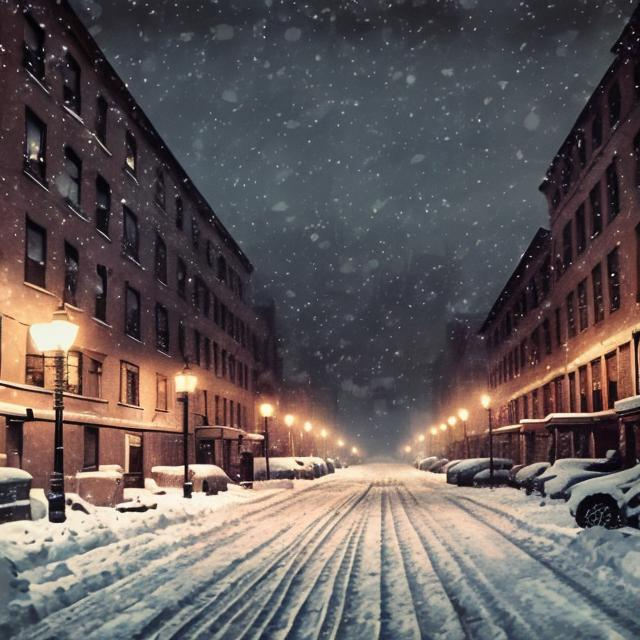 Prompt: Brooklyn streets in snow, urban winter scene, snow-covered buildings, vintage streetlights, cozy atmosphere, high quality, realistic painting, cool tones, soft lighting, snowy Brooklyn, vintage charm, detailed snowflakes, nostalgic, atmospheric lighting, winter wonderland, snowy urban landscape, professional, realistic art