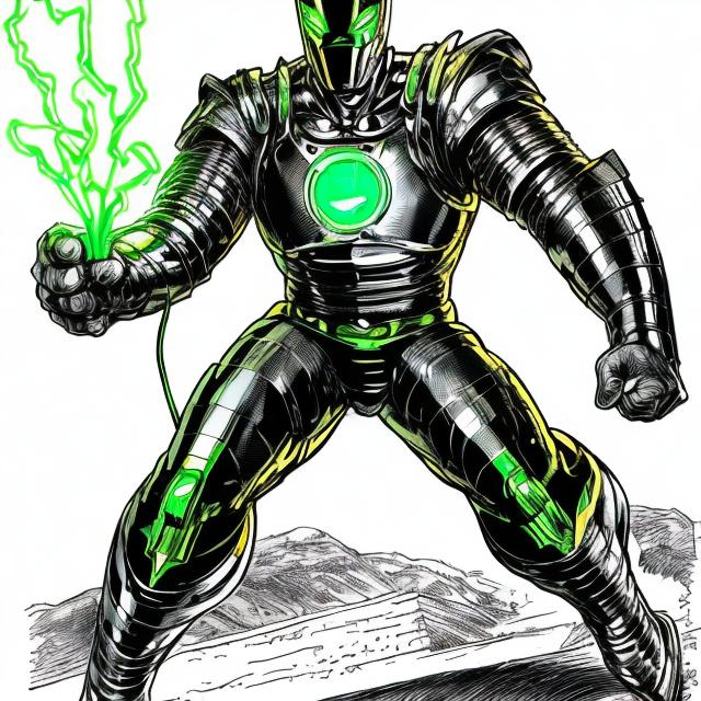 Prompt: a man made of green electricity as a super hero with metal armor