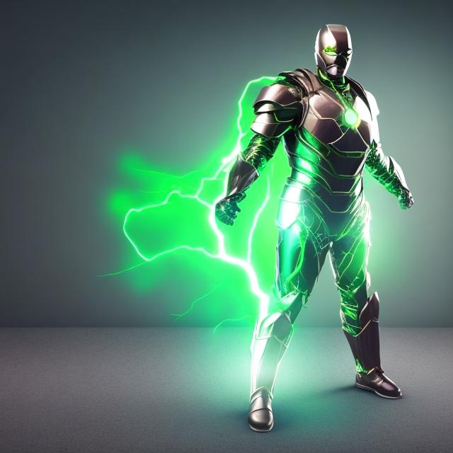 Prompt: a man made of green electricity as a super hero with metal armor