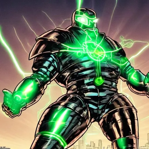 Prompt: a man made of green electricity as a super hero with metal armor