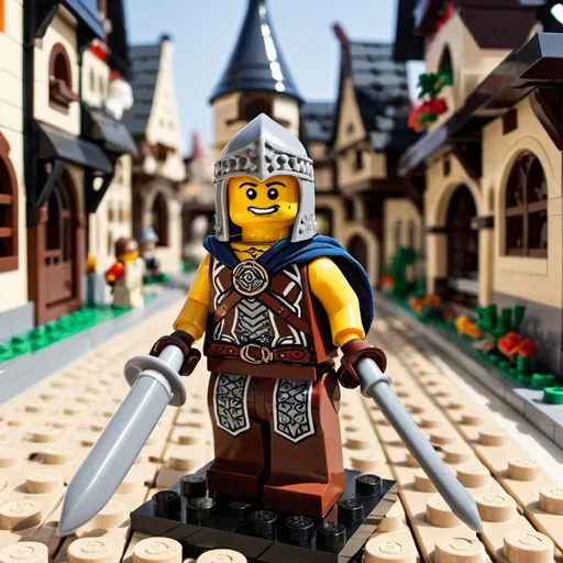 Prompt: a Lego figure mediaval warrior walking through a lego Mediaval city