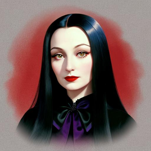 Prompt: Head and shoulders portrait of beautiful young Morticia Addams

