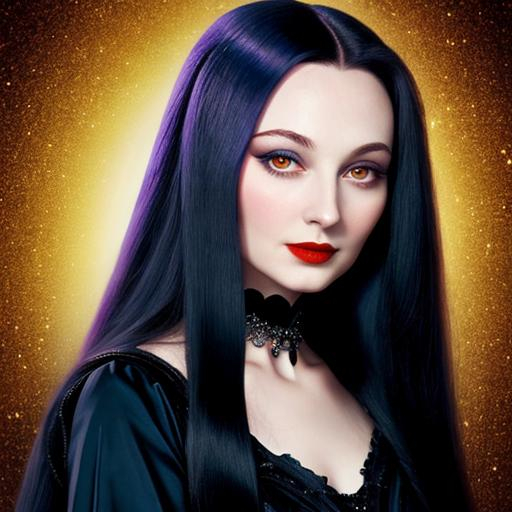 Prompt: Head and shoulders portrait of beautiful young Morticia Addams

