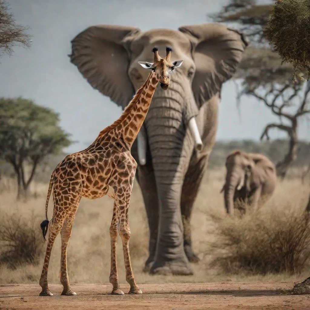 Prompt: Giraffe standing in front of  elephant