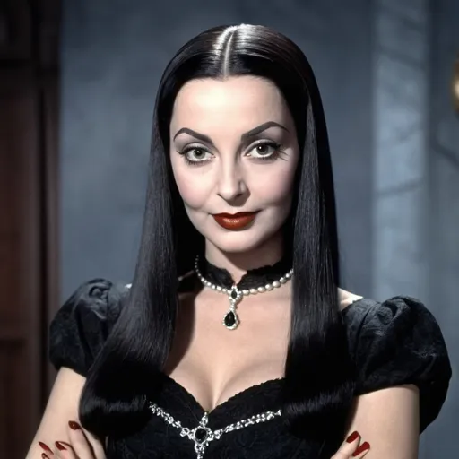 Prompt: Head and shoulders portrait of beautiful young Morticia Addams

