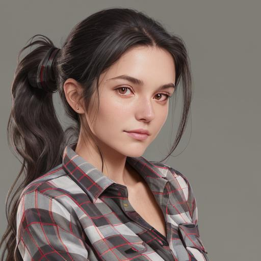 Prompt:  Woman, long wavy dark hair in a ponytail laying over her shoulder, sun tann, tie up flannel shirt, {{ realistic, high-quality full body portrait photography, natural lighting, detailed face, 