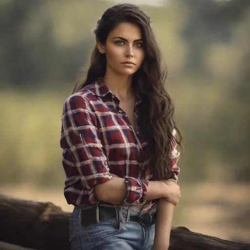 Prompt:  Woman, long wavy dark hair in a ponytail laying over her shoulder, sun tann, tie up flannel shirt, {{ realistic, high-quality full body portrait photography, natural lighting, detailed face, 