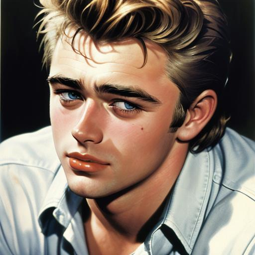 Prompt: Head and shoulders portrait of handsome James Dean