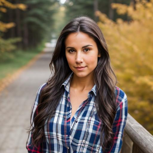 Prompt:  Woman, long wavy dark hair in a ponytail laying over her shoulder, sun tann, tie up flannel shirt, {{ realistic, high-quality full body portrait photography, natural lighting, detailed face, 