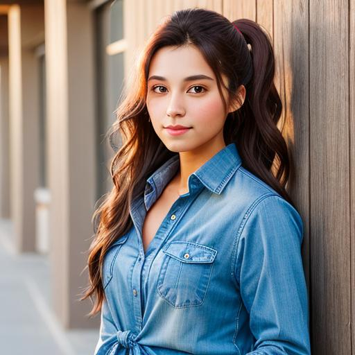 Prompt:  Woman, long wavy dark hair in a ponytail laying over her shoulder, sun tann, tie up flannel shirt, {{ realistic, high-quality full body portrait photography, natural lighting, detailed face, 