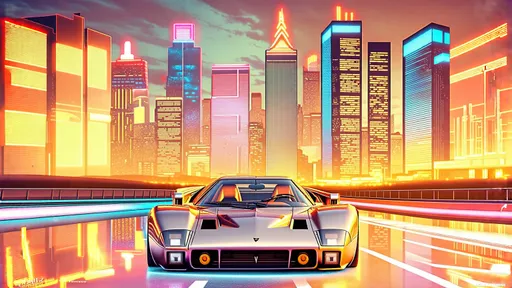 Prompt: "Create a vibrant, retro-futuristic scene featuring a neon-lit city skyline with glowing skyscrapers. In the foreground, place a hyper-realistic, classic sports car facing forward, showcasing detailed textures such as metallic paint, precise reflections, and sharp, authentic design. The car should have visible details like aerodynamic lines, realistic tires, and glowing headlights with intricate illumination effects. The car should appear to be speeding directly toward the viewer, with dynamic motion trails on a multi-colored, glowing highway. Maintain the large, radiant sun setting behind the cityscape, futuristic glowing clock faces, and streaking comets in the sky. Ensure the entire composition is cinematic, immersive, and polished, evoking a nostalgic yet futuristic vibe. The scene must achieve a photorealistic quality for the car while keeping the vibrant neon aesthetic."

