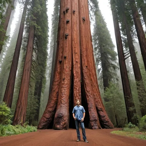 Prompt: Make realistic pic of a guy 
standing next to a 1000 foot tall redwood
