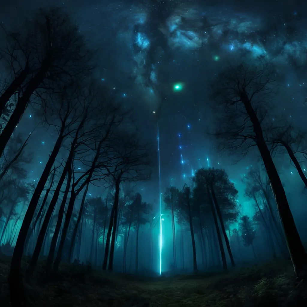 Prompt: Create a forest that evolves into a galactic night sky. The Forest is on the left side of the image, the sky on right side.