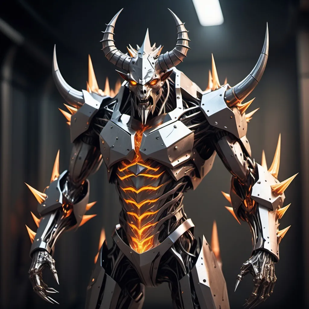 Prompt: Sci-fi humanoid creature made of metal that has sharpened spikes all over the body that look like knives with horns 

Bulky physical build with blazing crystal in the chest 