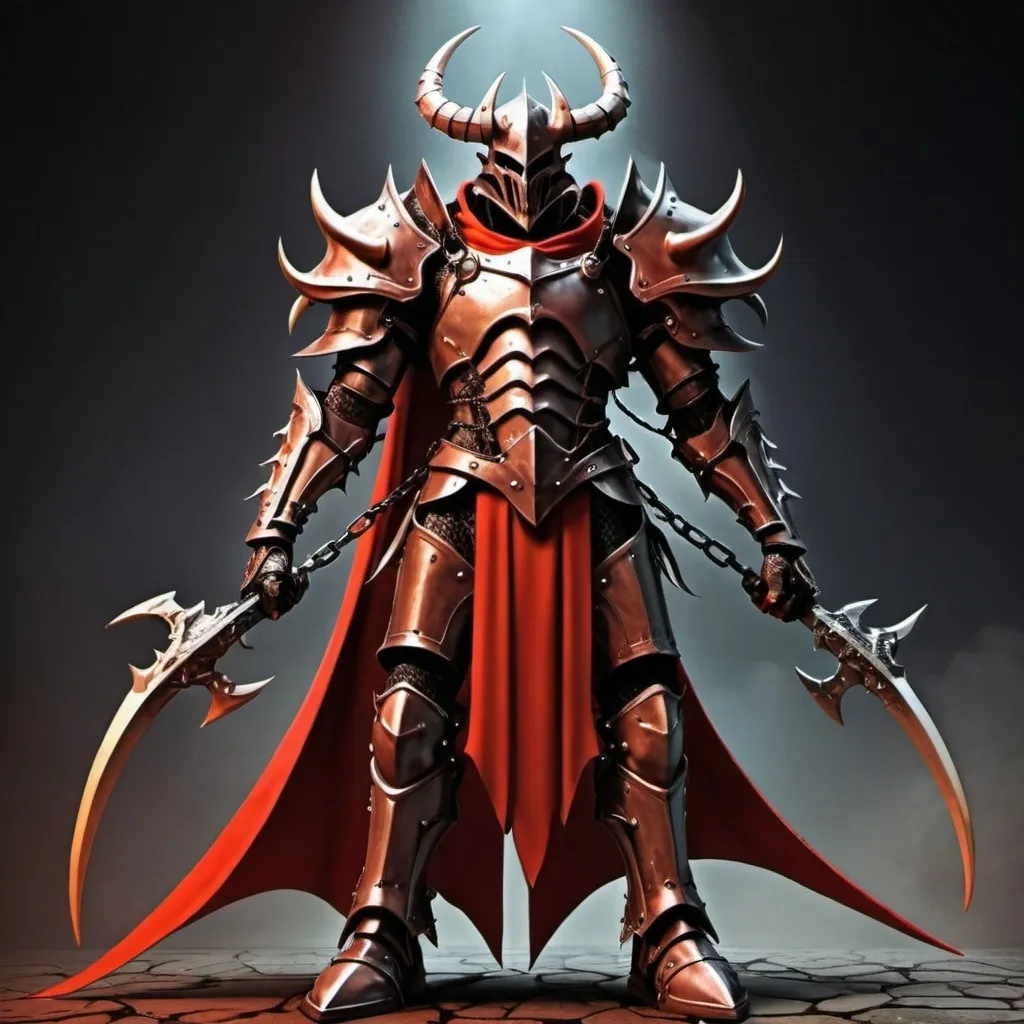 Prompt: Sci-fi horned Knight In epic elven power armor with a cape made of thorned chains with spearheads 