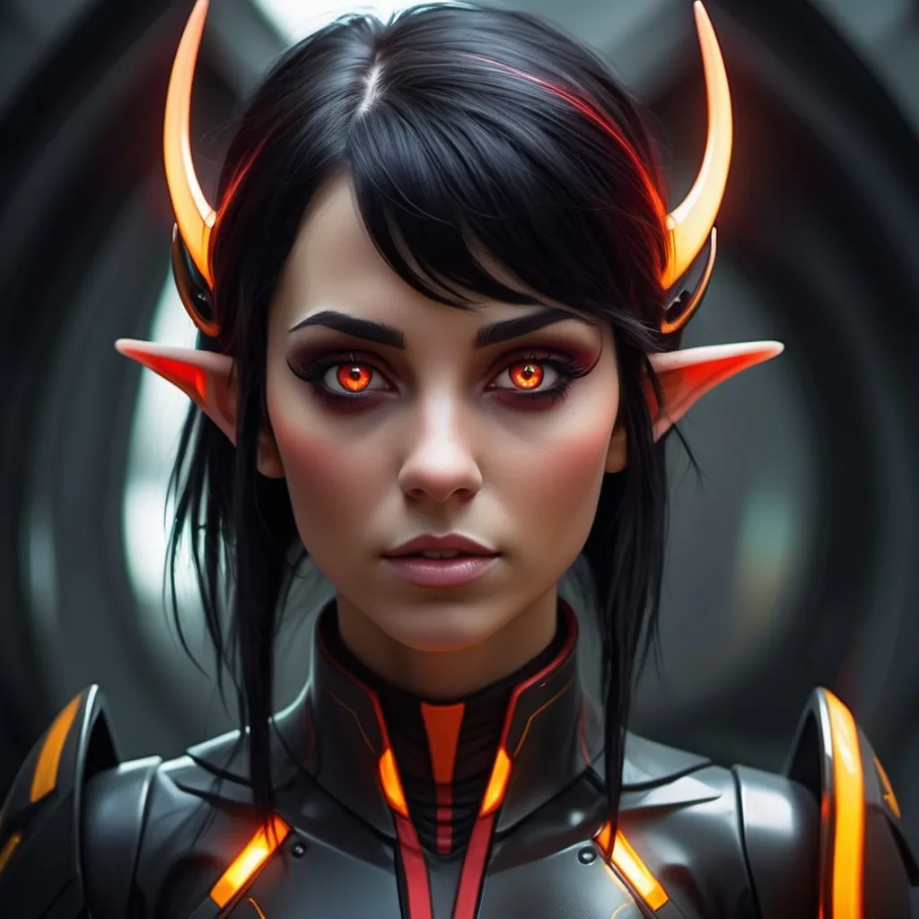 Prompt: Sci-fi elf female with black hair and crimson highlights that has glowing amber eyes
