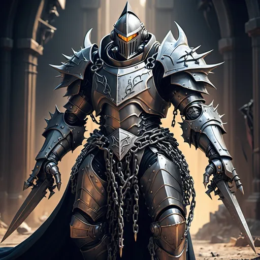 Prompt: Sci-fi Knight In epic power armor with a cape made of thorned chains with spearheads 