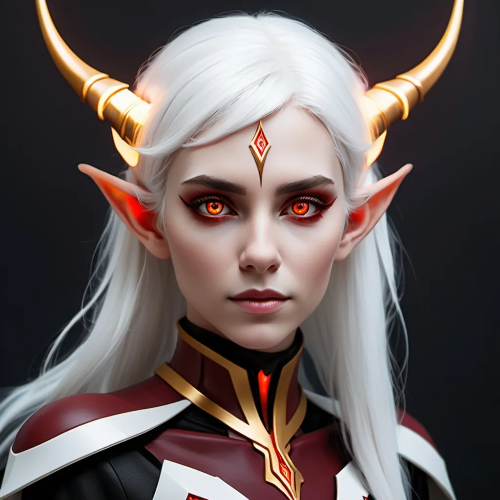 Prompt: Sci-fi elf female with white hair and crimson highlights that has glowing gold eyes and horns