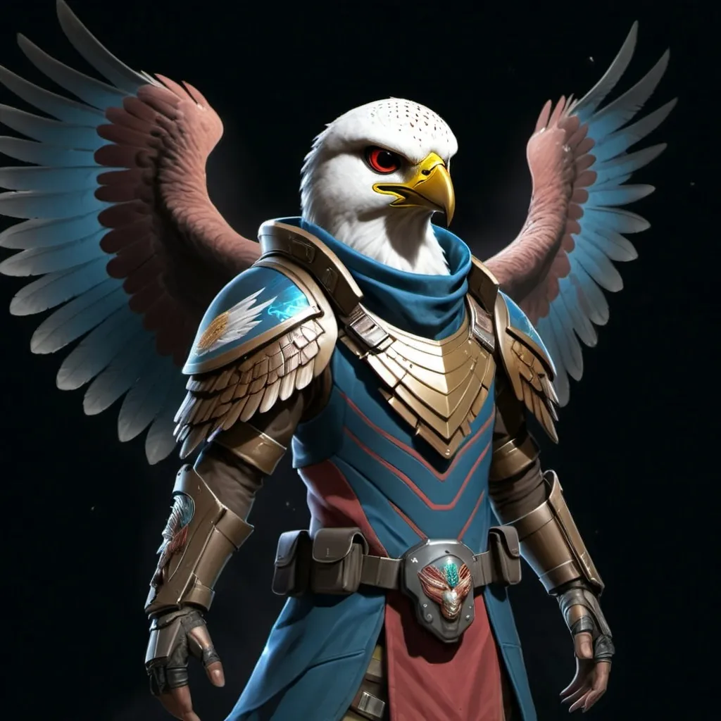 Prompt: Sci-fi Falcon alien in power armor with eagle wings