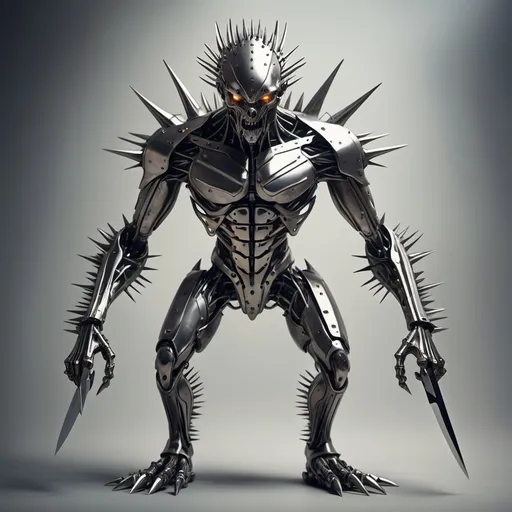 Prompt: Sci-fi humanoid creature made of metal that has sharpened spikes all over the body that look like knives