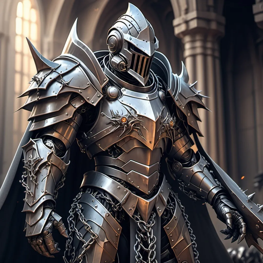 Prompt: Sci-fi Knight In epic power armor with a cape made of thorned chains with spearheads 