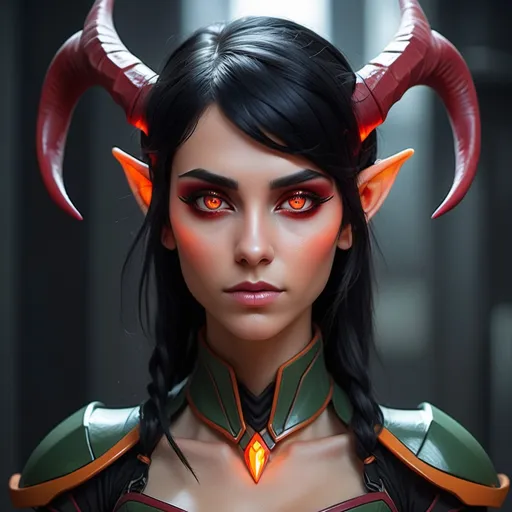 Prompt: Sci-fi elf female with black hair and crimson highlights that has glowing amber eyes and horns