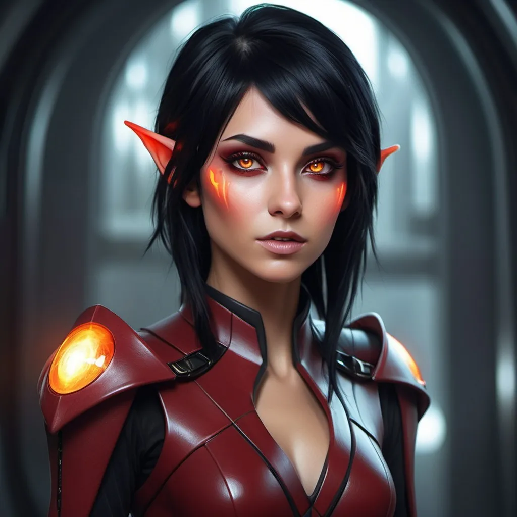 Prompt: Sci-fi elf female with black hair and crimson highlights that has glowing amber eyes