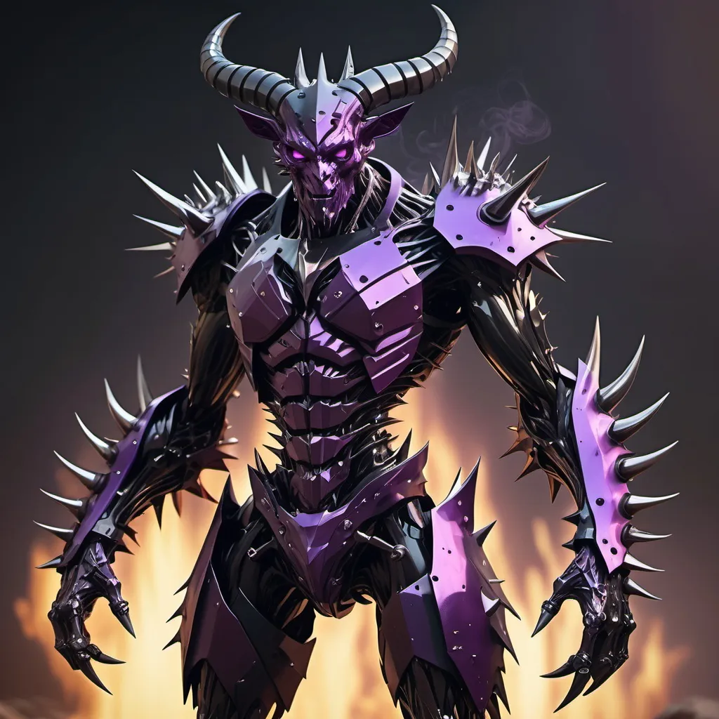 Prompt: Sci-fi humanoid creature made of metal that has sharpened spikes all over the body that look like knives with horns 

Bulky physical build with blazing purplish black crystal in the chest 