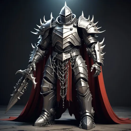 Prompt: Sci-fi Knight In epic power armor with a cape made of thorned chains with spearheads 