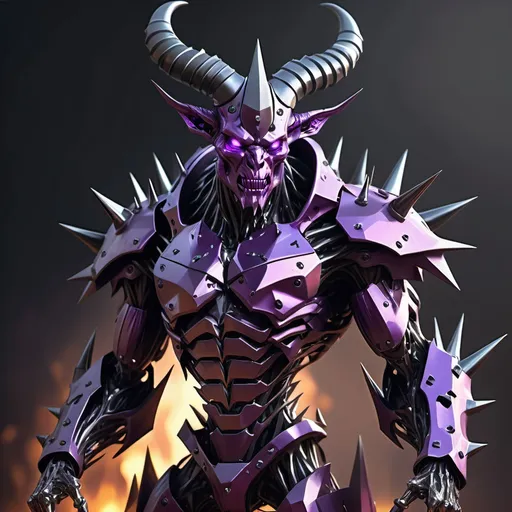 Prompt: Sci-fi humanoid creature made of metal that has sharpened spikes all over the body that look like knives with horns 

Bulky physical build with blazing purplish black crystal in the chest 