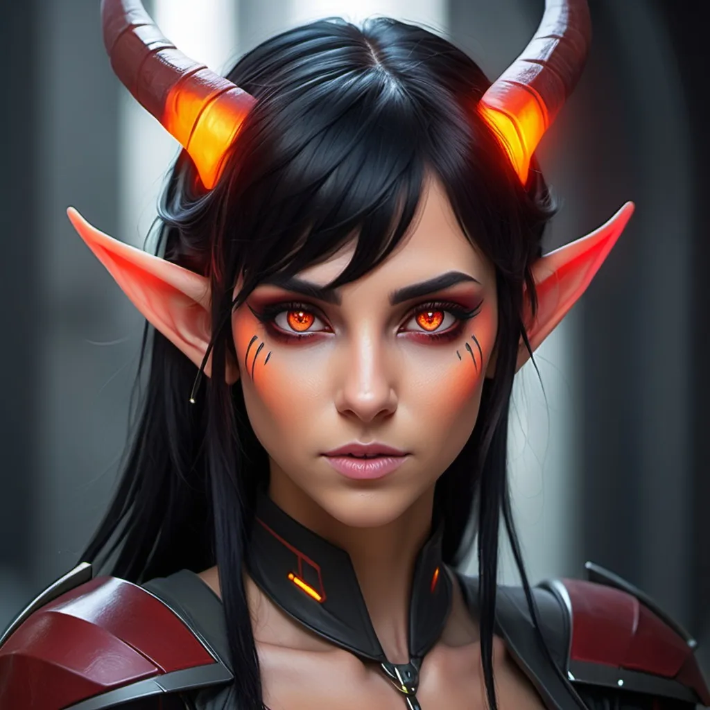 Prompt: Sci-fi elf female with black hair and crimson highlights that has glowing amber eyes and horns