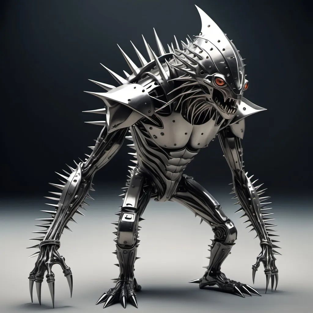 Prompt: Sci-fi creature made of metal that has sharpened spikes all over the body that look like knives