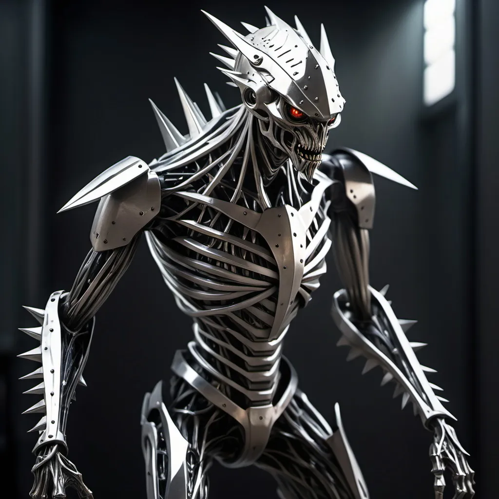 Prompt: Sci-fi humanoid creature made of metal that has sharpened spikes all over the body that look like knives