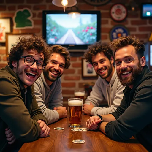 Prompt: In a cozy pub atmosphere, four friends gather around a rustic wooden table, their smiles radiating warmth and camaraderie. The man on the left, with glasses and tousled hair, playfully sticks out his tongue, while the second, sporting curly hair and a playful expression, gazes at the camera. The third, dressed in a white hoodie, flashes a peace sign, and the fourth, a bearded gentleman, confidently grins. The background is lively and inviting, adorned with colorful beer coasters and vintage items that add character to the dimly lit space, while a television screen flickers softly above them, enhancing the relaxed, social ambiance. This moment encapsulates friendship and enjoyment in an eclectic setting.