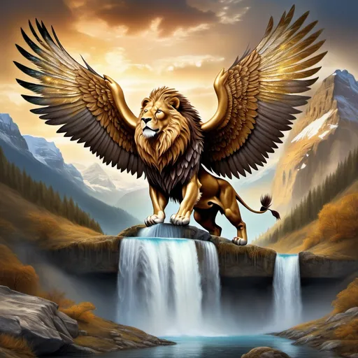 Prompt: Magical lion with gold to brown blending colors with majestic glittering eagle wings flying over a waterfall with a mountain in the background