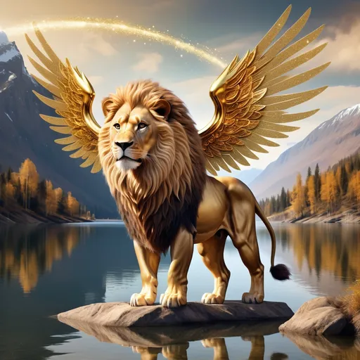 Prompt: Magical lion with gold to brown blending colors with majestic sparkling wings flying over a lake with a mountain in the background