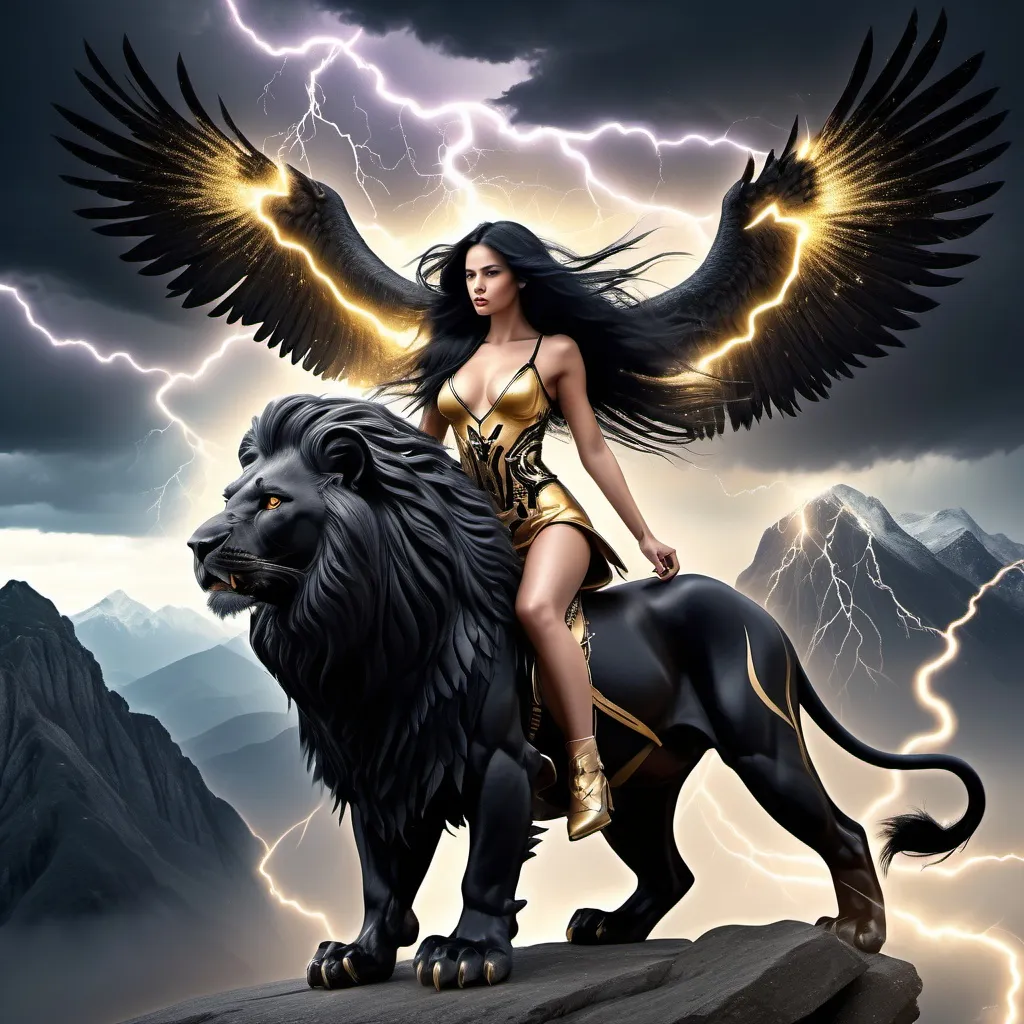 Prompt: Beautiful lady with very long black hair riding a black and gold lion possessing magical sparkling black eagle wings flying through lightning storm with a mountain in the background