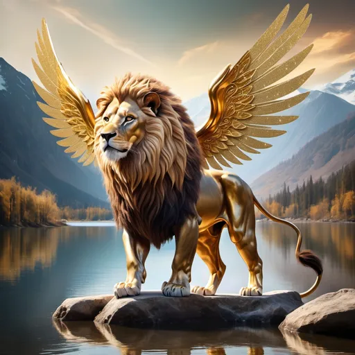 Prompt: Magical lion with gold to brown blending colors with majestic sparkling wings flying over a lake with a mountain in the background