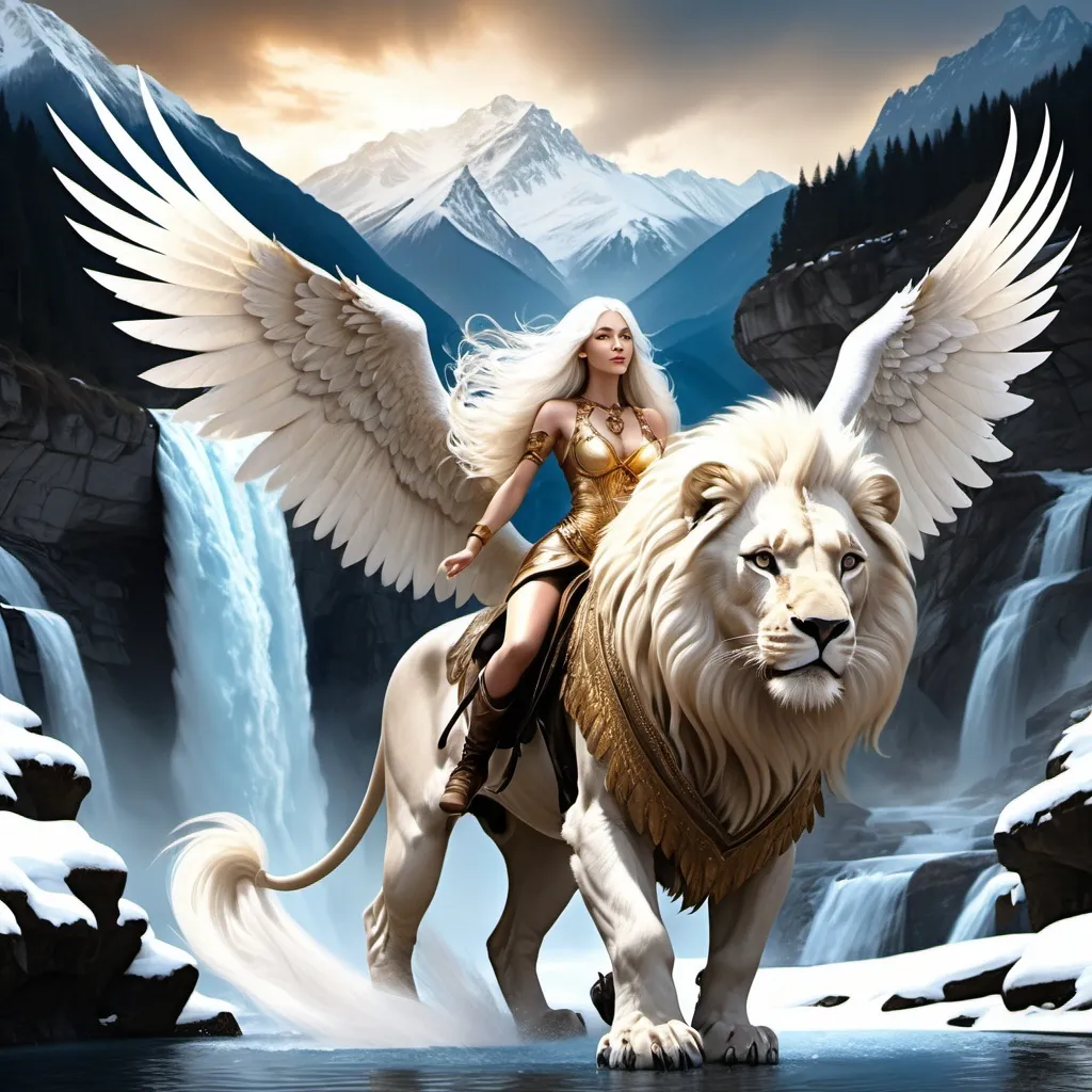 Prompt: Beautiful lady with very long white hair riding a White to gold lion possessing magical sparkling eagle wings flying over waterfall with snowy mountain in the background