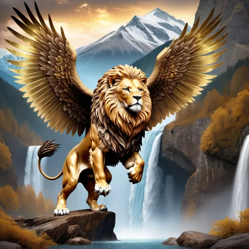 Prompt: Magical lion with gold to brown blending colors with majestic glittering eagle wings flying over a waterfall with a mountain in the background