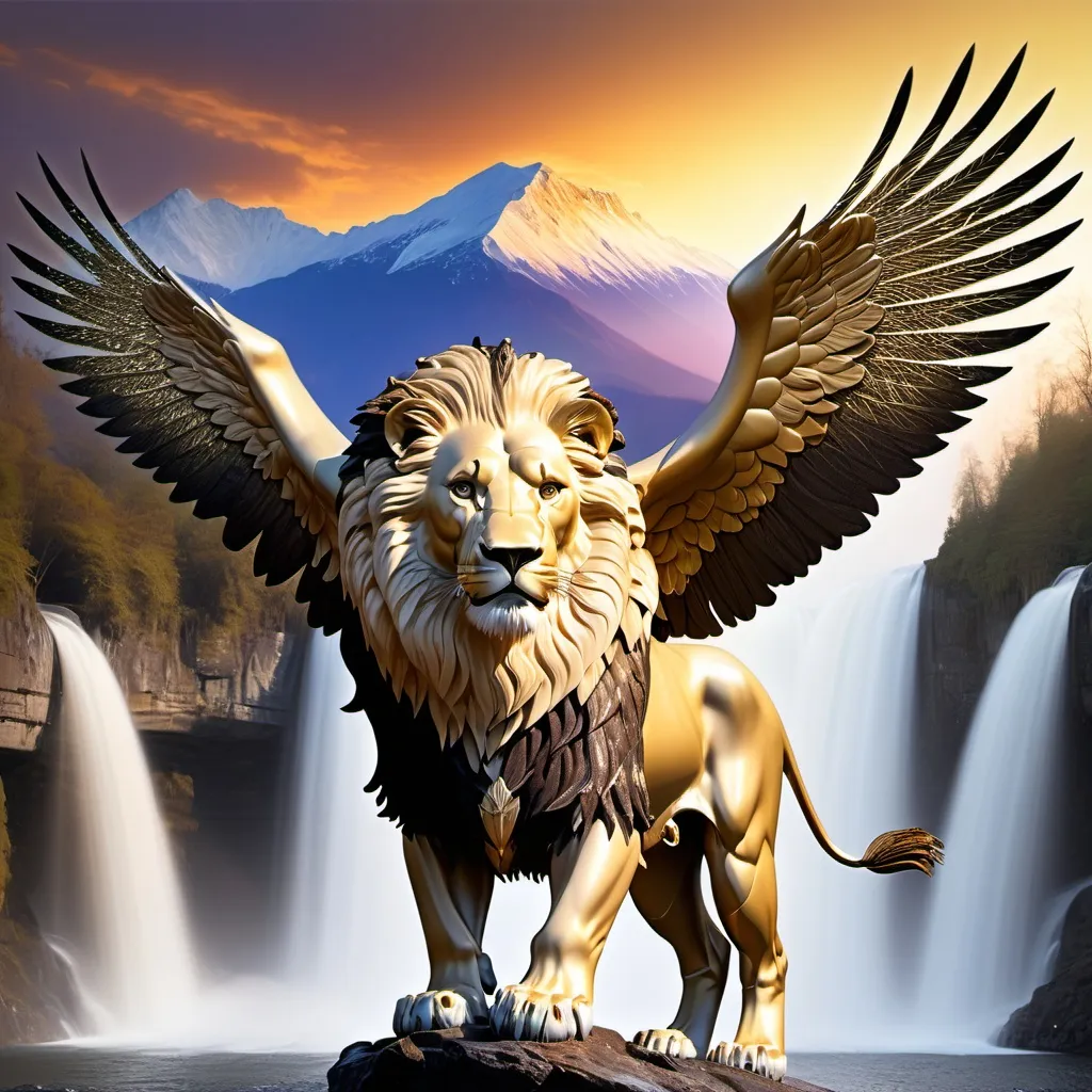 Prompt: White to gold blended lion with sparkling irradescent eagle wings flying over a waterfall at sunset with a mountain in the background