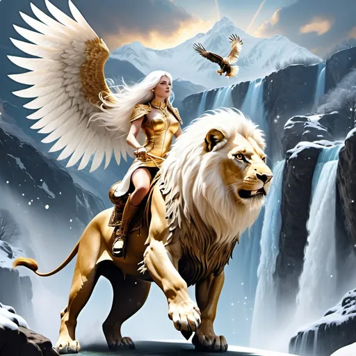 Prompt: Beautiful lady with very long white hair riding a White to gold lion possessing magical sparkling eagle wings flying over waterfall with snowy mountain in the background