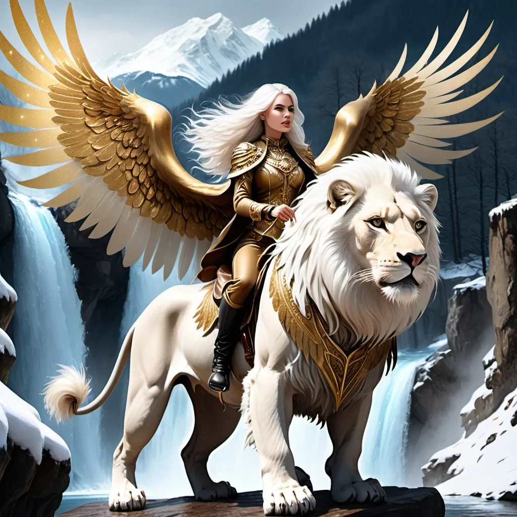 Prompt: Beautiful lady with long white hair riding a White to gold lion with magical sparkling eagle wings flying over waterfall with snowy mountain in the background