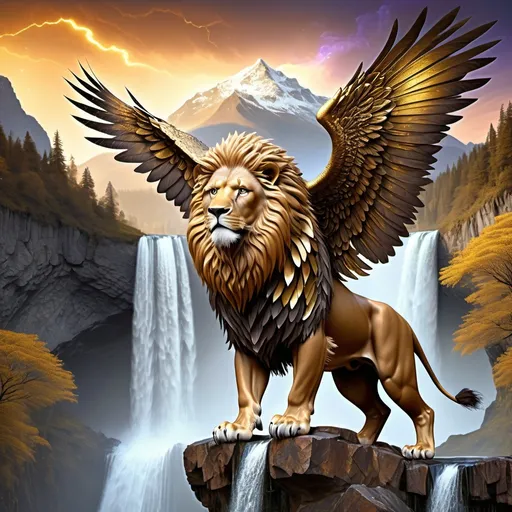 Prompt: Magical lion with gold to brown blending colors with majestic glittering eagle wings flying over a waterfall with a mountain in the background