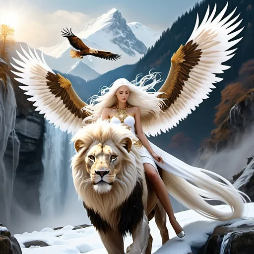 Prompt: Beautiful lady with very long white hair riding a White to gold lion possessing magical sparkling eagle wings flying over waterfall with snowy mountain in the background