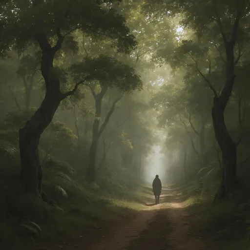 Prompt: A solitary figure walks down a serene path enveloped by a dense, enchanted forest, where tall trees with elegantly curved trunks reach skyward, their leaves filtering sunlight into soft, ethereal beams. The atmosphere is filled with a gentle, diffused light that creates a mystical glow throughout the scene, highlighting the intricate textures of the bark and the rich greenery surrounding the trail. The ground is carpeted with a blend of soft earth and fallen leaves, while long shadows stretch out behind the wanderer, accentuating a sense of solitude and introspection. This tranquil moment conveys a profound connection to nature, inviting a feeling of peace and exploration amidst the quiet embrace of the woods.