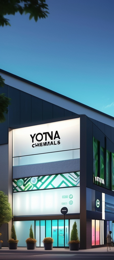 Prompt: (accurately spelled text "yotna chemicals and detergents"), a modern storefront building, bold signage on the front and side, sleek and professional design, vibrant colors, well-lit facade, inviting atmosphere, urban setting, contemporary architecture, foreground with greenery, high-quality details, 4K resolution, clean lines, dynamic character for an engaging view.