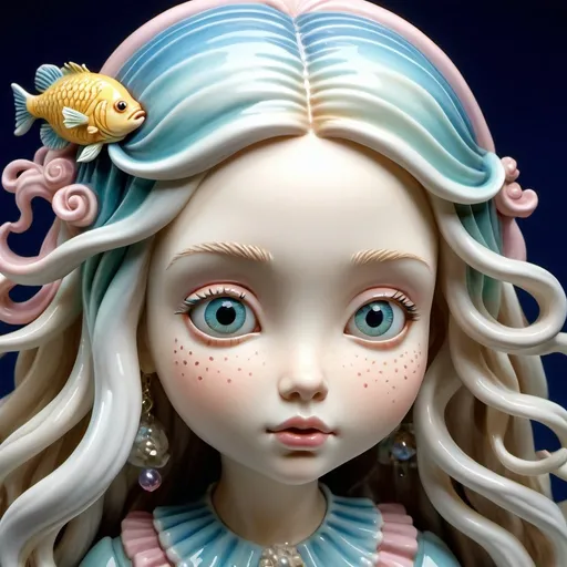 Prompt: Glossy porcelain sculpture of innocent teenage girl with long hair, Kukula illustrations style, maria antoinette, high-quality, detailed features, vibrant colors, whimsical, fantasy, surreal, ethereal lighting, long flowing hair, innocent expression, porcelain texture, intricate details, fantasy art, whimsical style, Kukula inspired, vibrant color palette, detailed angler fish, surreal lighting