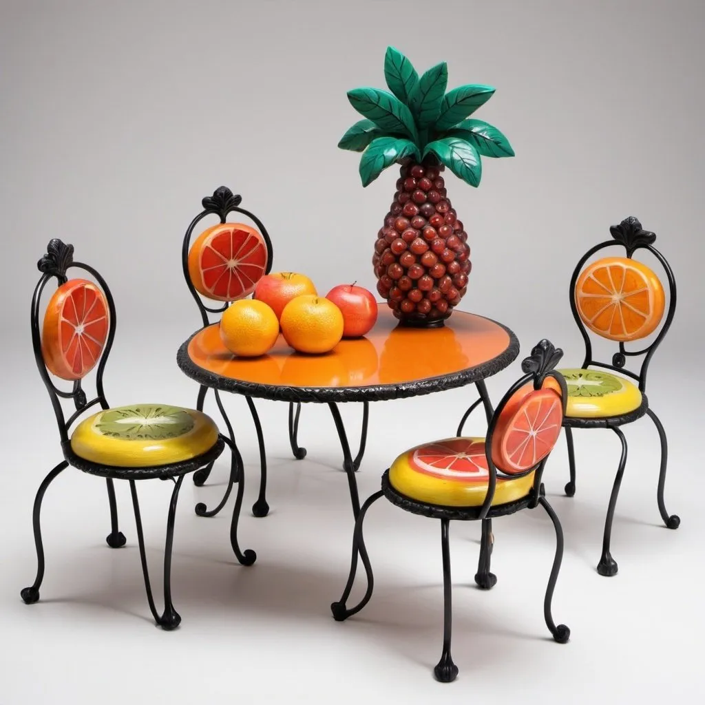 Prompt: table and chairs with fruit in the style of angel otero